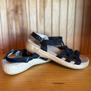 Black crochet look leather comfort sandals by Alegria.